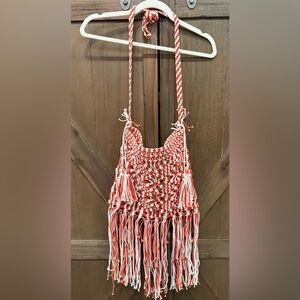 NWT RAJ LA Macramé Fringe Crossbody –‎ Red & Cream Boho Bag